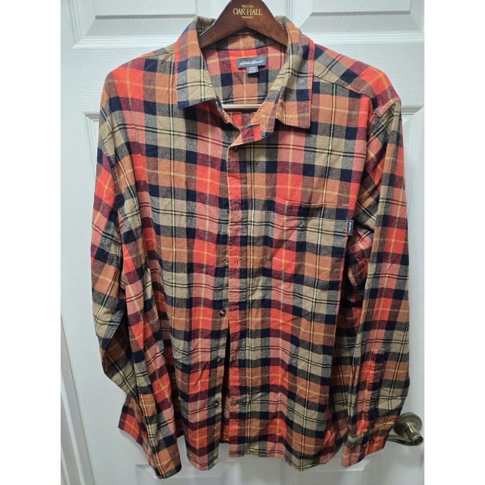 Eddie Bauer Flannel Shirt Men XXL Orange Green Plaid Long Sleeve Ski Cabin Snow